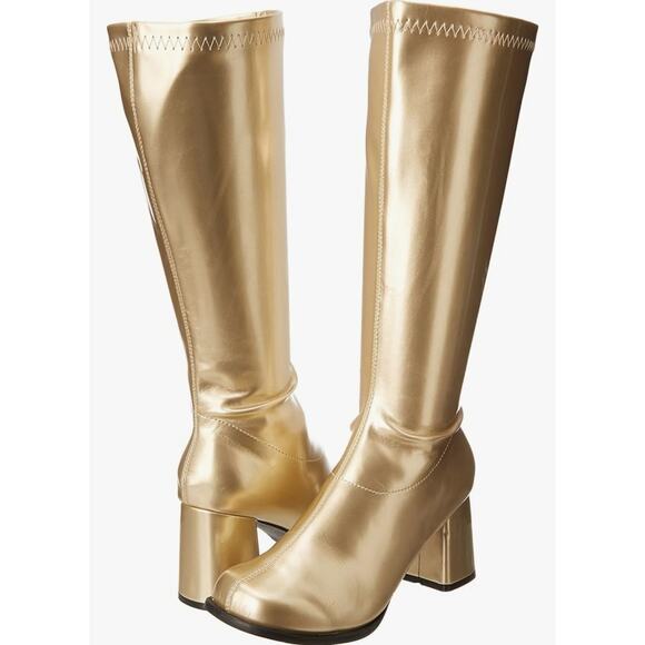 Gold GOGO Boots Wide Calves Sz 8 Block Heels Zipper Round Toe Rain Barbiecore